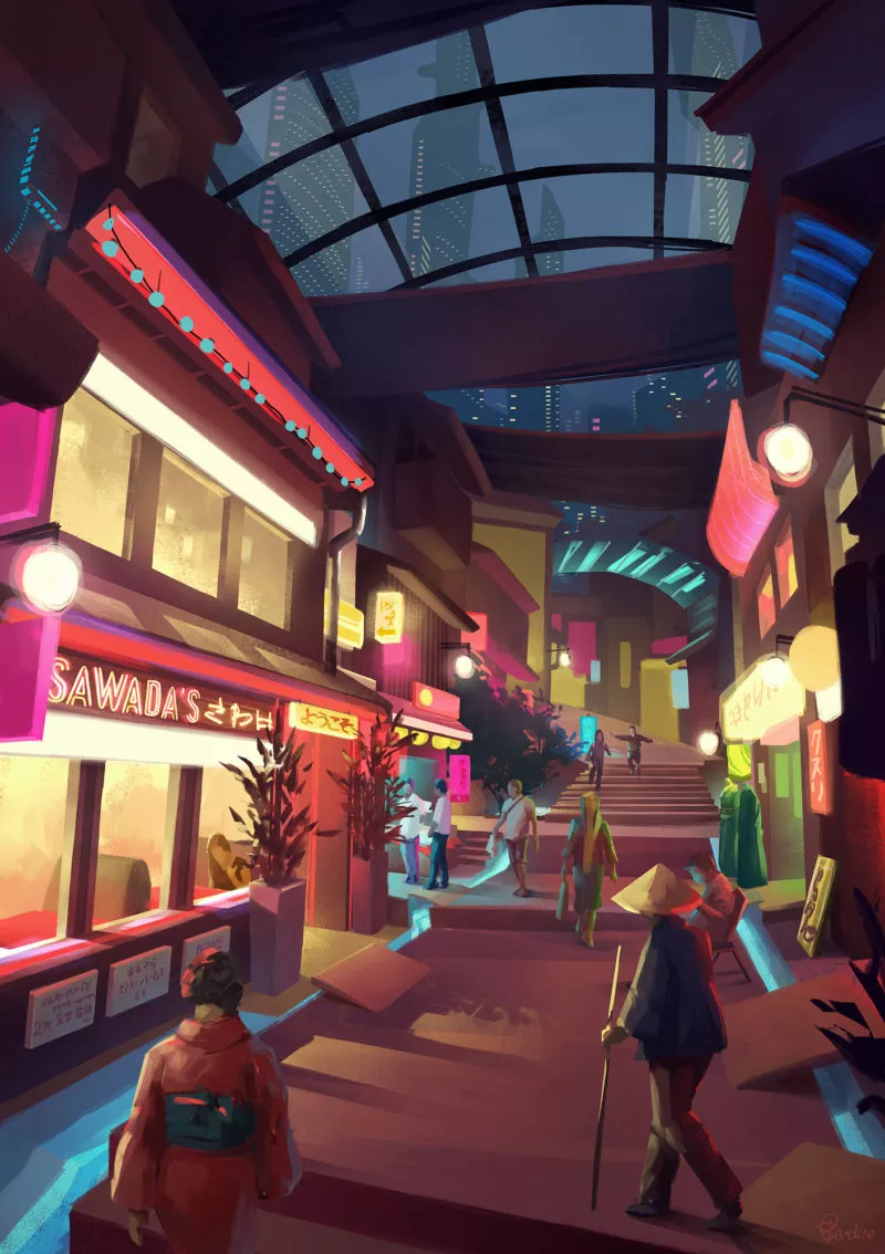 Le restaurant «Sawada’s» dans le quartier de Gōra à Shinkyō. Vue du restaurant «Sawada’s» dans le quartier de Gōra à Shinkyō. Image issue des «Aventures de Kanako Sawada» © Sandrine Pilloud, Lionel Tardy