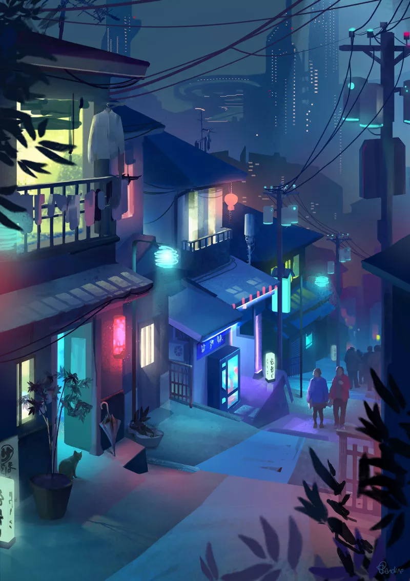 Les rue de Togendai à Shinkyō Vue du quartier de Togendai à Shinkyō. Image issue des «Aventures de Kanako Sawada» © Sandrine Pilloud, Lionel Tardy