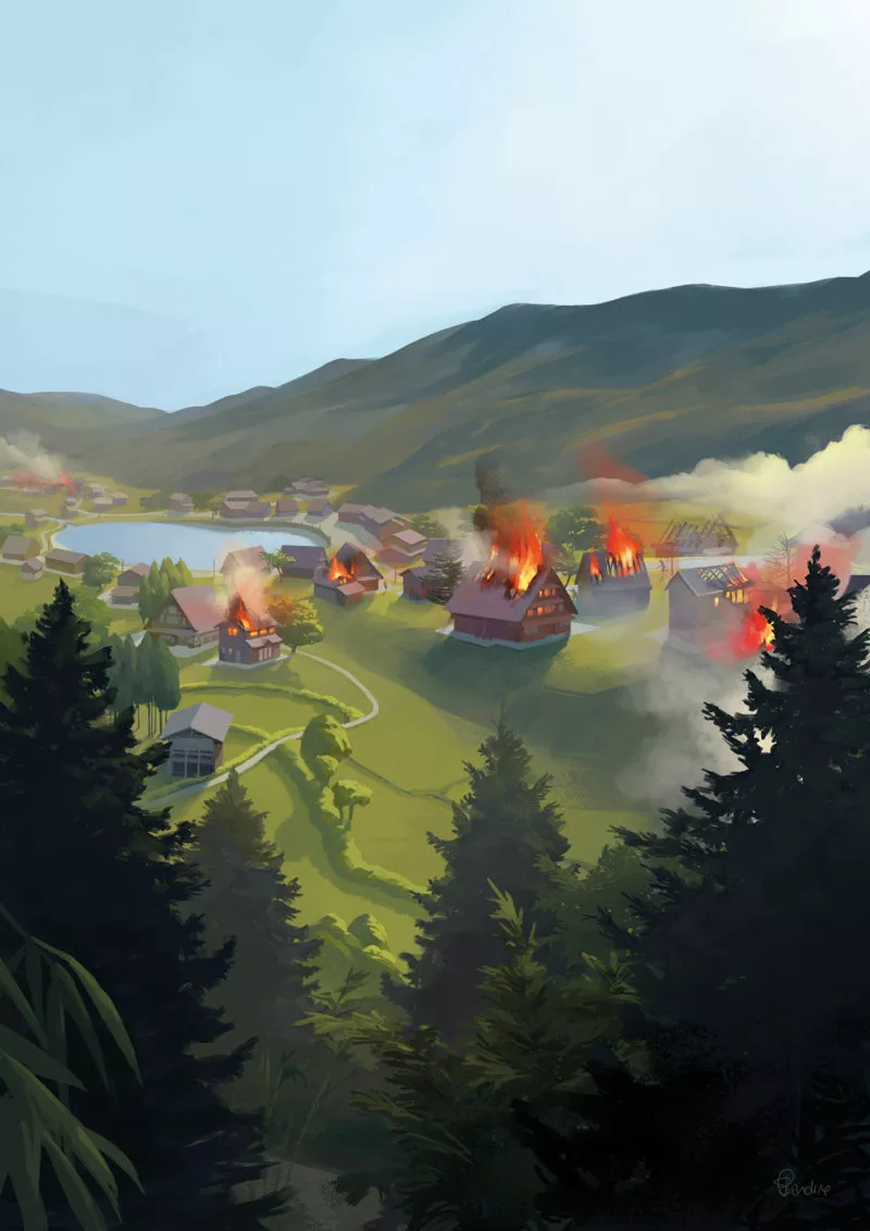 Le village d’Uchiyama attaqué par les pillards de Seigen. Image issue des «Aventures de Kanako Sawada» © Sandrine Pilloud, Lionel Tardy