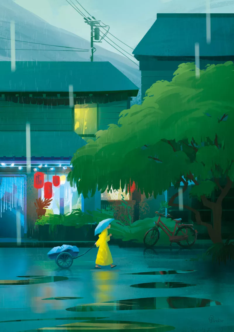 Shina Okabe tirant sa charette dans les rues d’Uchiyama. Image issue des «Aventures de Kanako Sawada» © Sandrine Pilloud, Lionel Tardy