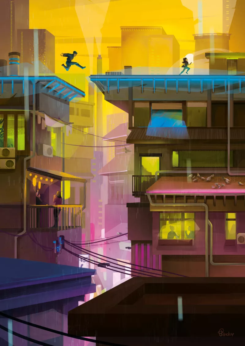 Course pousuite sur les toits de Shinkyō Kensin Onada pousruite Ayumi Otomo dans le quartier d’Odawara. Image issue des «Aventures de Kanako Sawada» © Sandrine Pilloud, Lionel Tardy