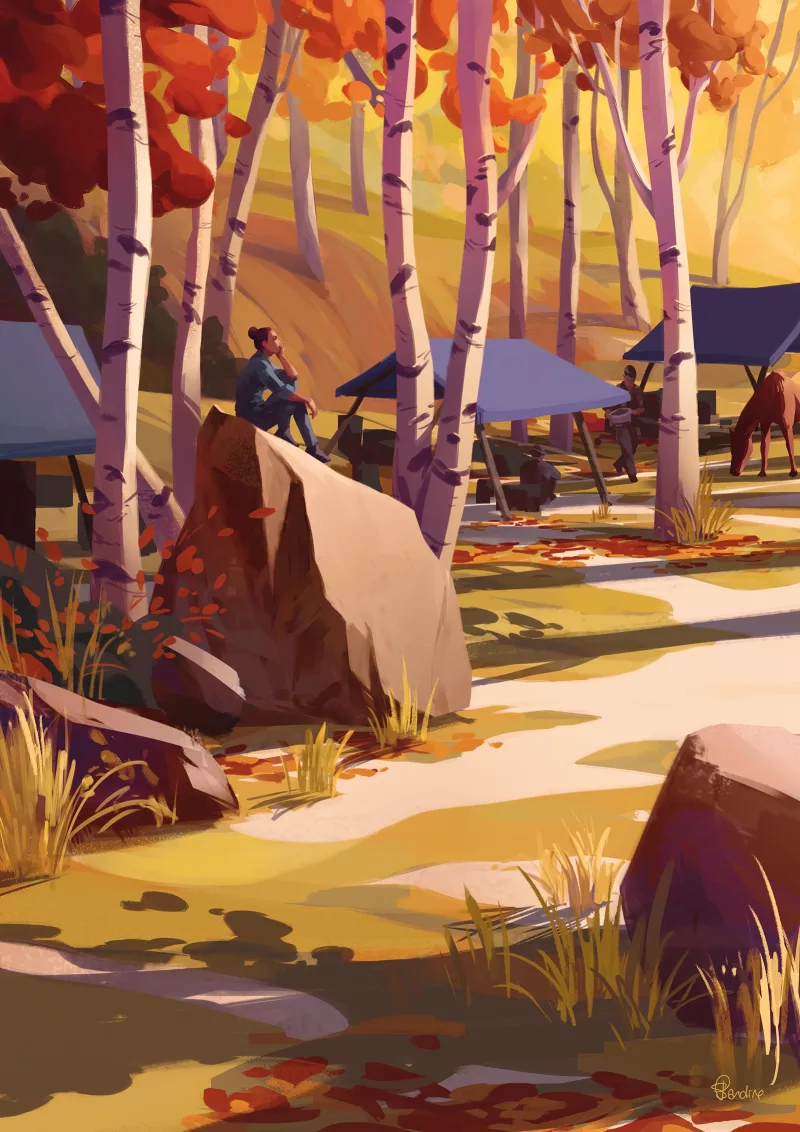 Après le montage du campement de Kamikochi, Kumiko Satomi est perdue dans ses pensées. Image issue des «Aventures de Kanako Sawada» © Sandrine Pilloud, Lionel Tardy