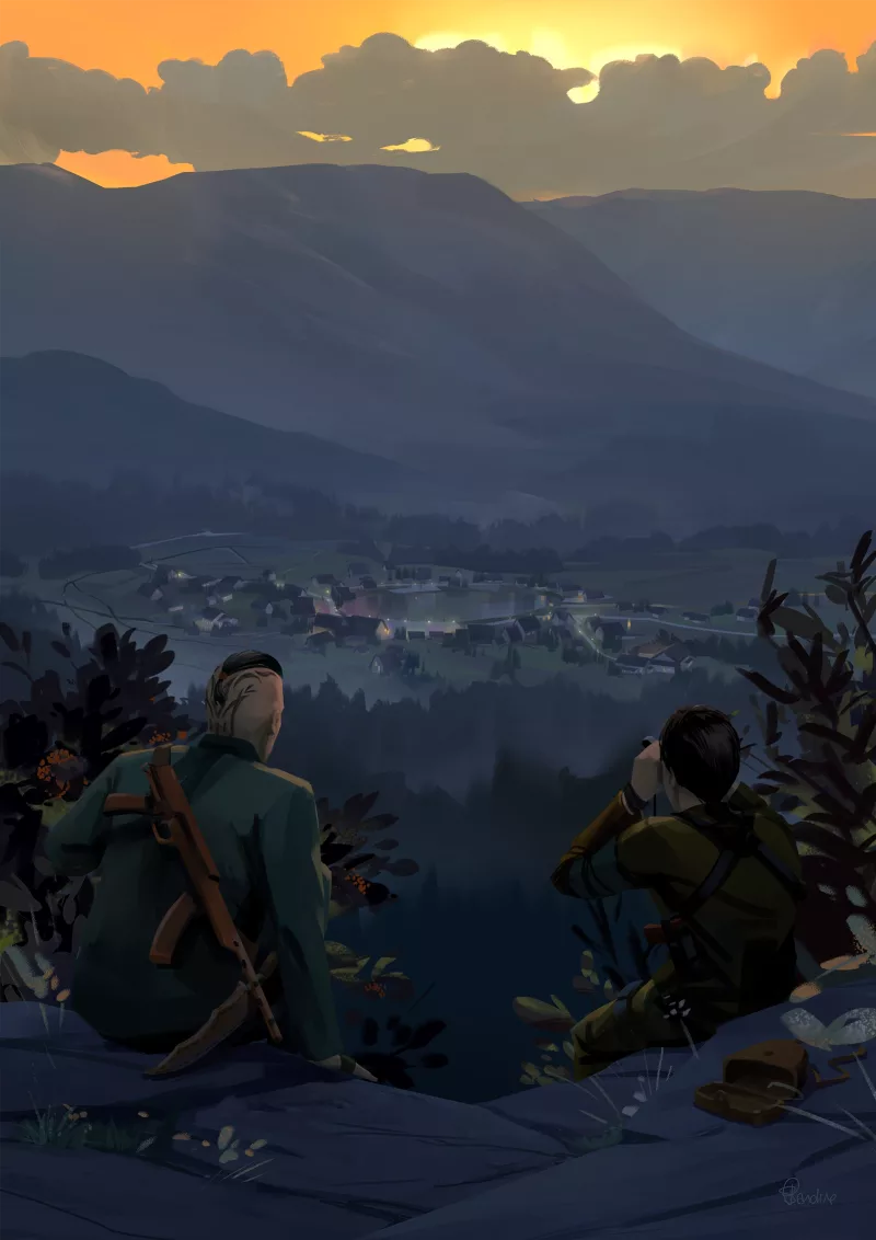 Seigen et Kōjirō surveillent le village d’Uchiyama à la veille de l'attaque. Image issue des «Aventures de Kanako Sawada» © Sandrine Pilloud, Lionel Tardy