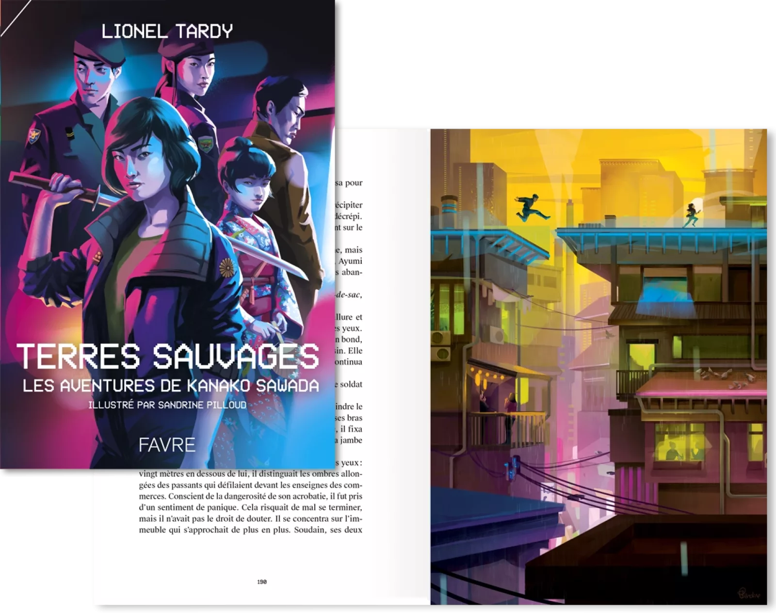 Aperçu de la couverture du livre «Terres Sauvages» ainsi que d'une double page illustrée. Image issue des «Aventures de Kanako Sawada» © Éditions Favres, Sandrine Pilloud, Lionel Tardy