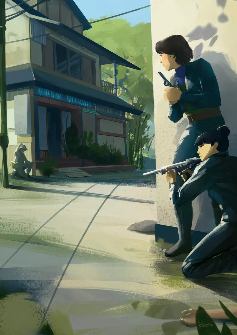 Kanako Sawada, Mina Onō et Sōsuke Mizuno tentent d'échapper à un tireur embusqué lors de l'attaque d'Uchiyama. Image issue des «Aventures de Kanako Sawada» © Sandrine Pilloud, Lionel Tardy