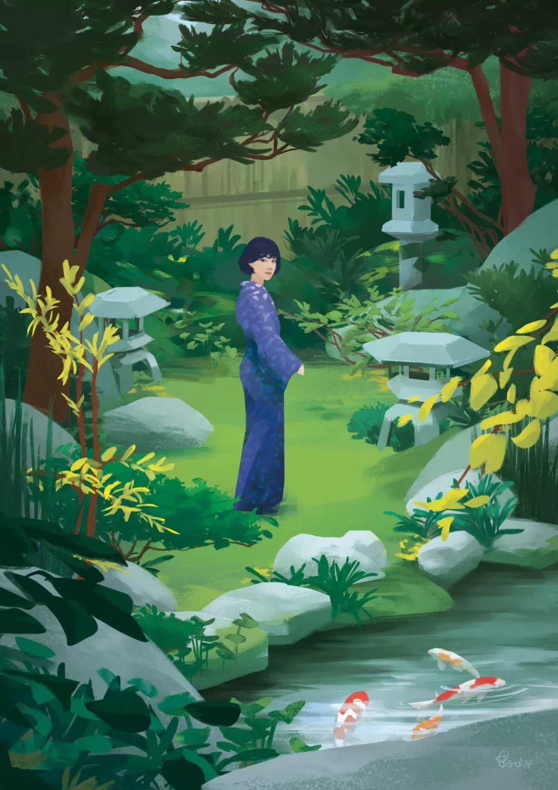 Après l'attaque sur Uchiyama, Kanako Sawada se ressource dans les jardins du temple. Image issue des «Aventures de Kanako Sawada» © Sandrine Pilloud, Lionel Tardy