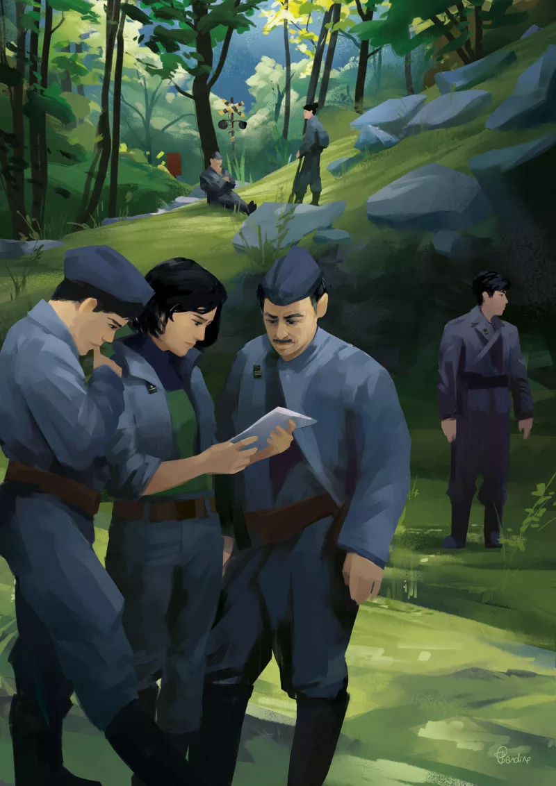 Avant de rejoindre Uchiyama, les soldats prennent un pause et font un point de situation. Image issue des «Aventures de Kanako Sawada» © Sandrine Pilloud, Lionel Tardy