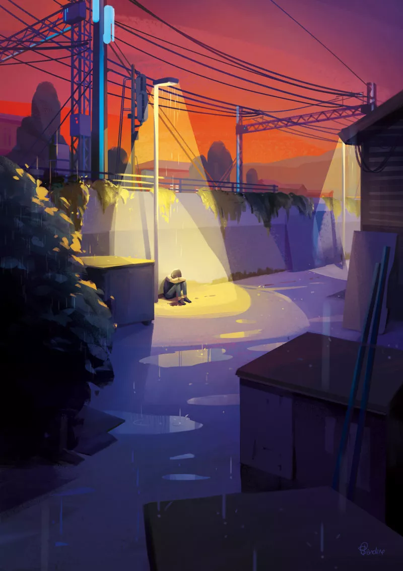 Ayumi Otomo en pleure Pourchassée, blessée et perdu, Ayumi s'écroule en pleurs dans les ruelles des bas quartiers de Shinkyō. Image issue des «Aventures de Kanako Sawada» © Sandrine Pilloud, Lionel Tardy