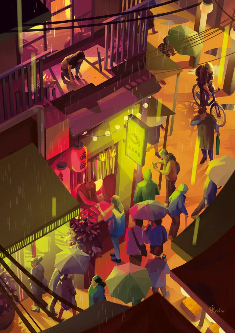 Ayumi Otomo surveille la rue Partie en repérage, Ayumi Otomo c'est hissée en hauteur et observe les allées et venue de la foule. Image issue des «Aventures de Kanako Sawada» © Sandrine Pilloud, Lionel Tardy