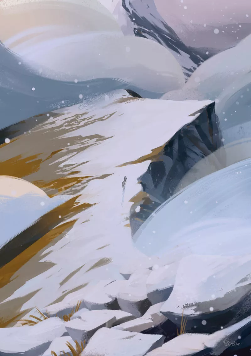 En route pour le mont Otaka, Kanako Sawada et Kumiko Satomi se font surpendre par une tempête. Image issue des «Aventures de Kanako Sawada» © Sandrine Pilloud, Lionel Tardy