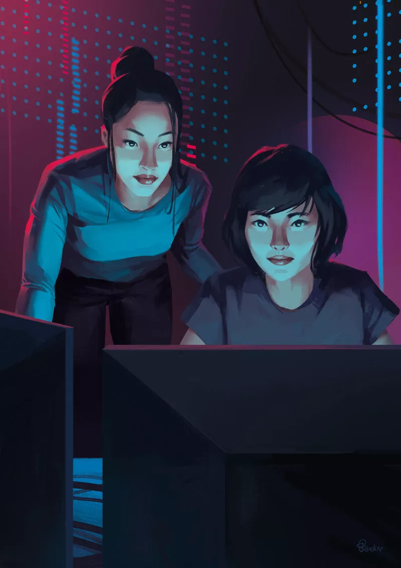Kanako Sawada et Kumiko Satomi dans la salle des serveurs de l’observatoire Réfugiées dans les ruines de l'observatoire du mont Hotaka, Kanako Sawada et Kumiko Satomi font une découverte inattendue. Image issue des «Aventures de Kanako Sawada» © Sandrine Pilloud, Lionel Tardy