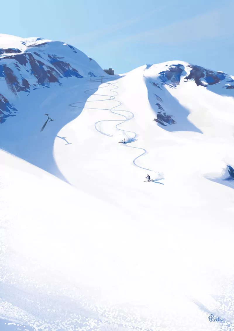 Kanako Sawada et Kumiko Satomi à ski Kanako Sawada et Kumiko Satomi descent du mont Hotaka skis aux pieds. Image issue des «Aventures de Kanako Sawada» © Sandrine Pilloud, Lionel Tardy