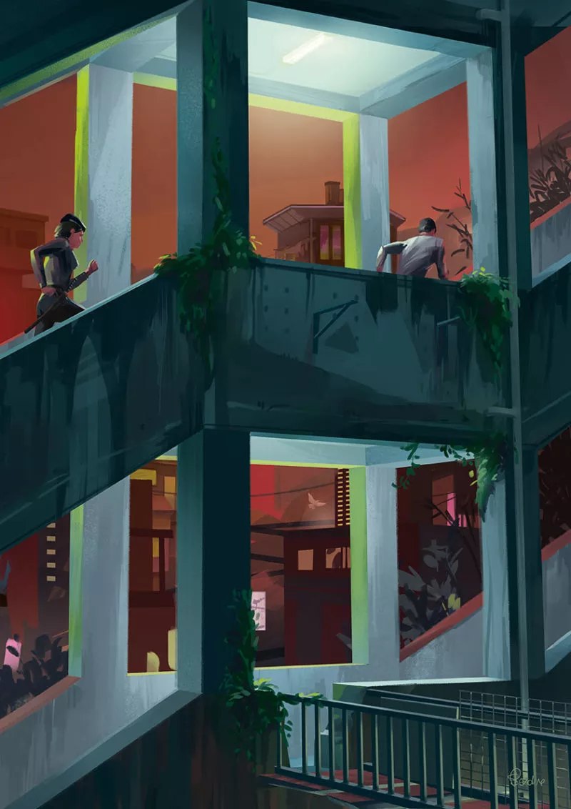 Kanako fait une rencontre suspecte dans les rues d’Odawara. Intriguée, elle prend l’homme en filature. Image issue des «Aventures de Kanako Sawada» © Sandrine Pilloud, Lionel Tardy