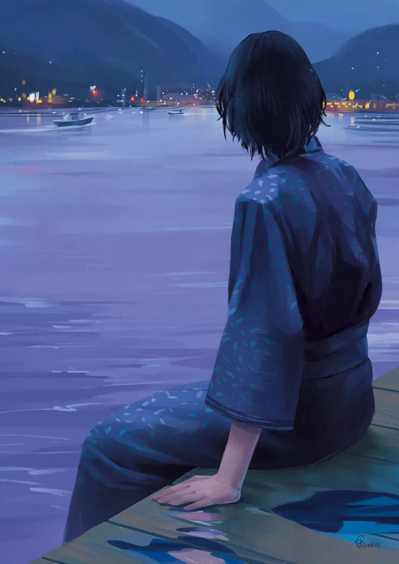 Alors que tout semble aller de mal en pis, Kanako Sawada s’installe sur les quais de Hakonemachi et fait le point sur sa situation. Image issue des «Aventures de Kanako Sawada» © Sandrine Pilloud, Lionel Tardy