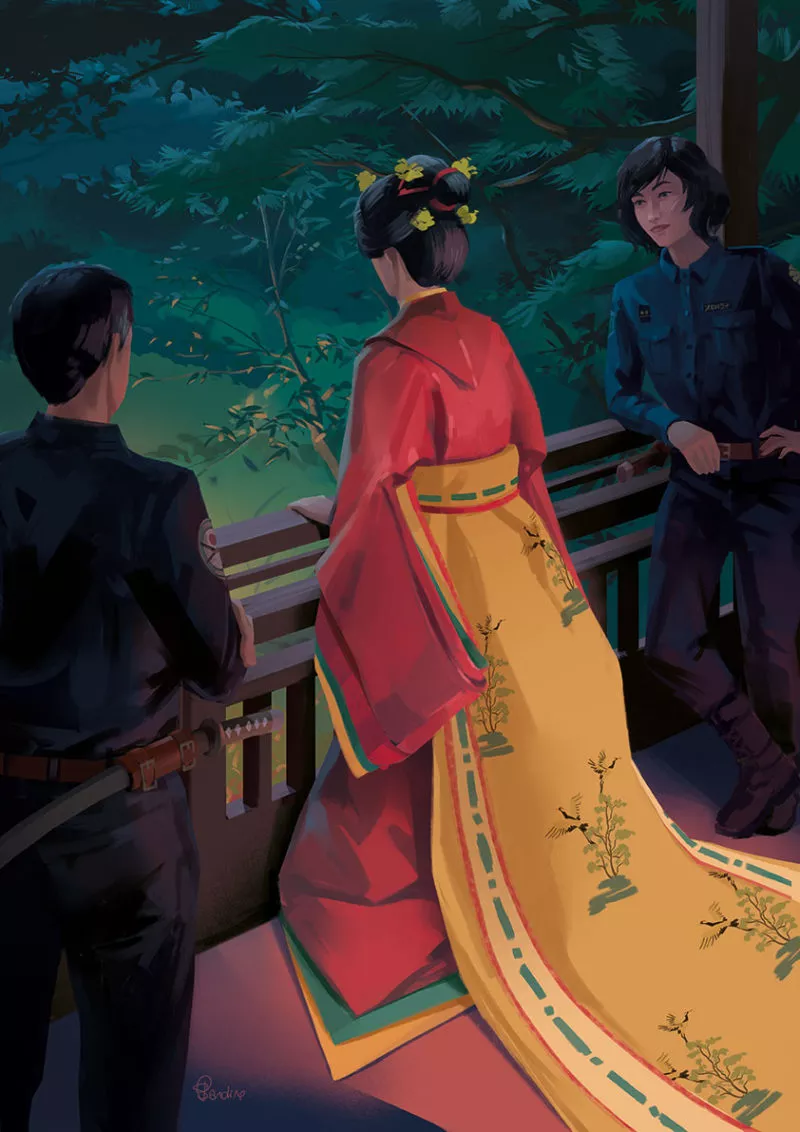 Aïko, Kanako et Eizo s’entretiennent en privé. Image issue des «Aventures de Kanako Sawada» © Sandrine Pilloud, Lionel Tardy