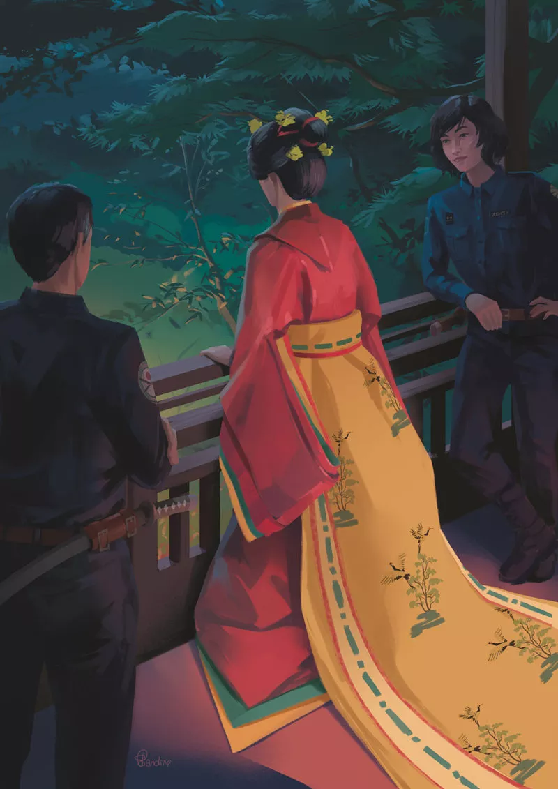 Kanako, Aïko et Eizo sur la terrasse du chateau d'Ochia. Image issue des «Aventures de Kanako Sawada» © Sandrine Pilloud, Lionel Tardy