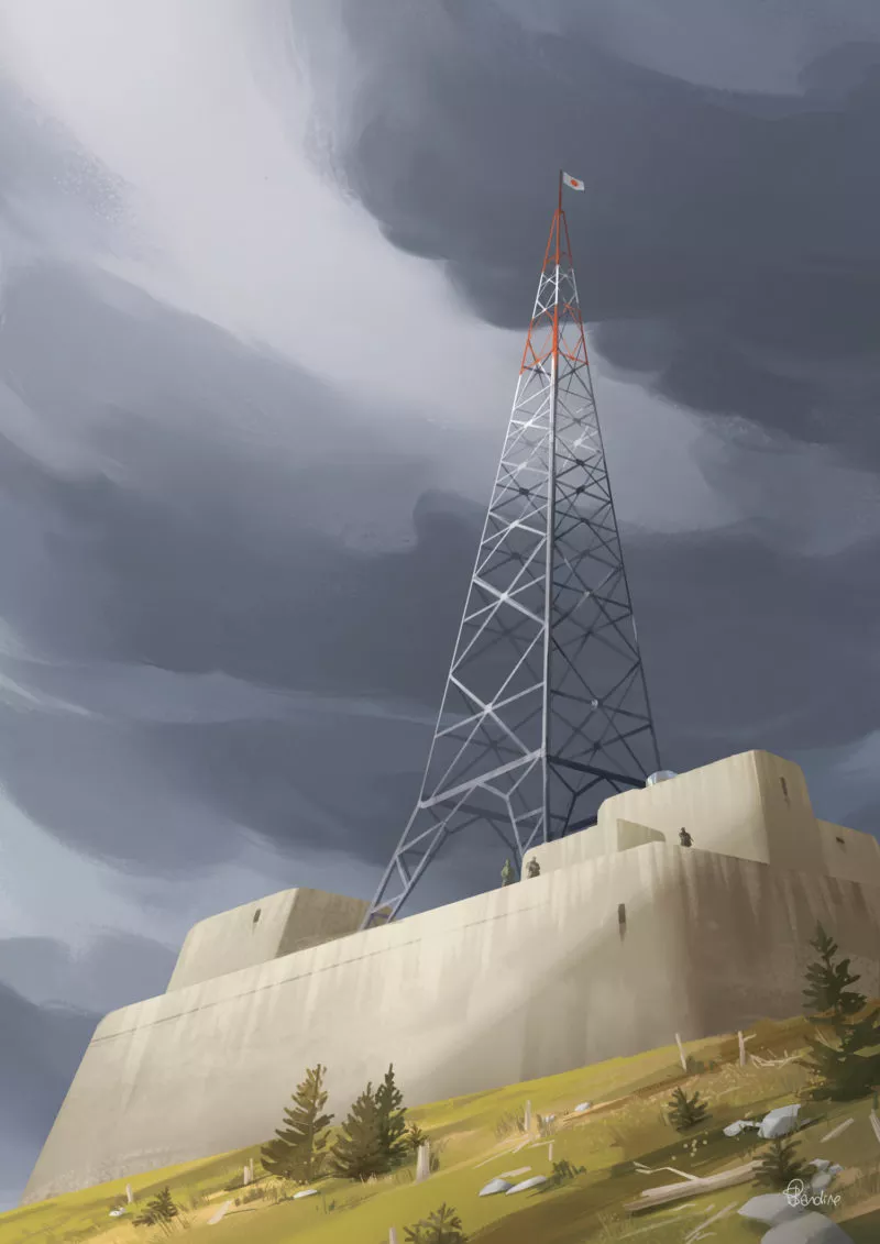 Vue du sommet sur la base B9 et son émetteur JLPS au sommet du mont Hakkyō. Image issue des «Aventures de Kanako Sawada» © Sandrine Pilloud, Lionel Tardy